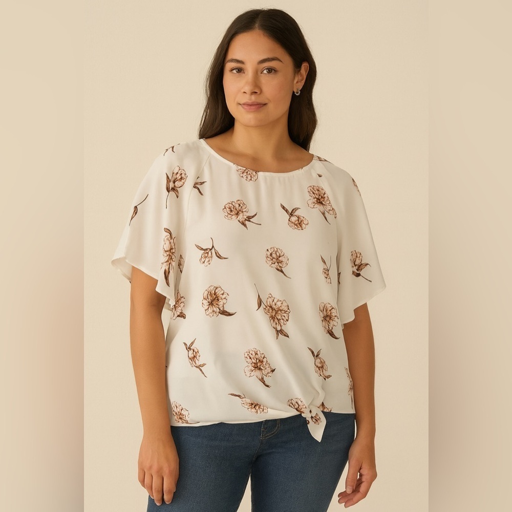 Ann Taylor White Short Sleeve Blouse with Pink Floral Design.  Size-Large